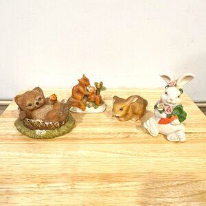 Various 4 Figurines Bunny Rabbit Squirrel Bear